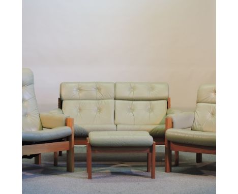 A modern green upholstered sofa, 128cm, together with a matching armchair