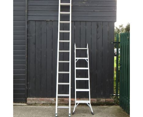 A aluminium extending ladder, 590cm long overall, together with a stepladder