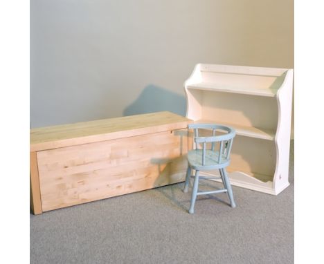 A white painted wall shelf, 76cm, together with a pine corner bracket, a blue painted child's chair and a modern beech box