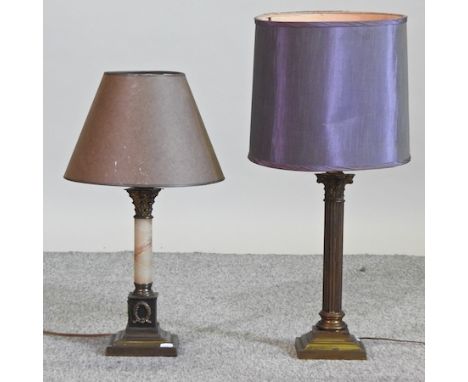 A brass Corinthian column table lamp and shade, 66cm high overall, together with another smaller