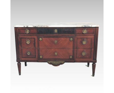 A 19th century French marble top breakfront commode, with gilt metal mounts and inlaid decoration throughout, on fluted legs,
