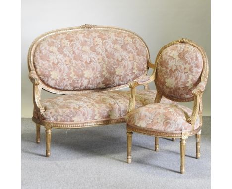 A French gilt five piece suite, comprising a sofa, 139cm, together with four armchairs
