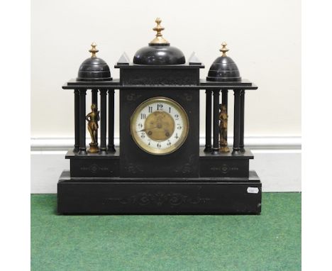 A large Victorian black slate mantel clock of architectural form, 45cm high
