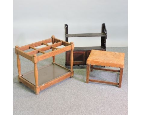 A 1920's oak side table, 87cm, together with a pair of Edwardian chairs, a stick stand, a leather upholstered footstool and a