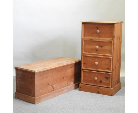 A pine chest of drawers, together with a pine trunk, 122cm