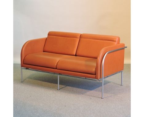 An Italian tan leather upholstered and tubular metal framed sofa, by Corinto, 145cm