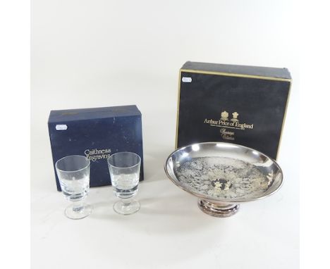 A pair of Caithness etched goblets. boxed, together with an Arthur Price silver plated dish, boxed (3)
