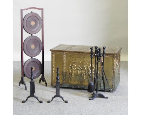 A brass coal box, 74cm, together with a cake stand and a collection of fire tools