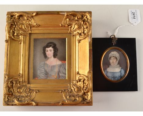A mid to early 19th century English portrait miniature of a young lady, her black hair in ringlets, about her neck a long gua