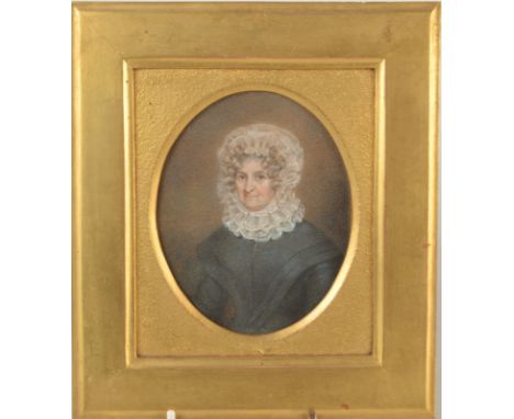 An early Victorian portrait miniature of a lady with a lace cap, 12 x 10cm. 