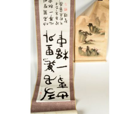 A Chinese painted scroll of a fishing boat with a mountainous background, length 74cm, together with a Chinese calligraphy sc