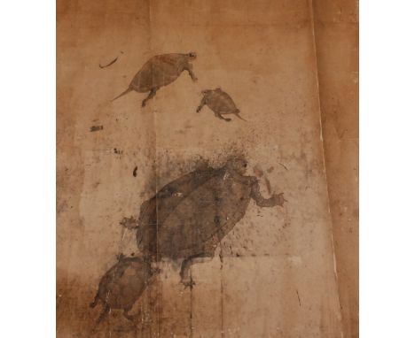 A Chinese scroll painted with a tortoise and her young, 68 x 72cm.  Poor condition.