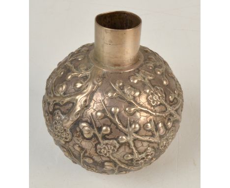 A Chinese spherical, flowering branch decorated tea caddy, lacks lid, maker's mark Luenwo.