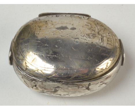 A silver 'squeeze to open' 18th century snuff box, possibly Dutch, the lid indistinctly engraved with an inscription and arch