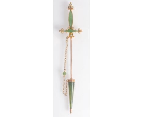 A good 9ct. gold jade and pearl sword and scabbard pin, maker's initials C.F.