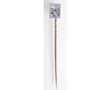 A pin the gold finial an enamelled king of diamonds playing card, boxed. 