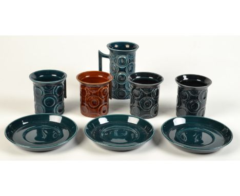 Three Portmeirion 'Jupiter' coffee cups and saucers and one tall mug, together with one other coffee cup. 