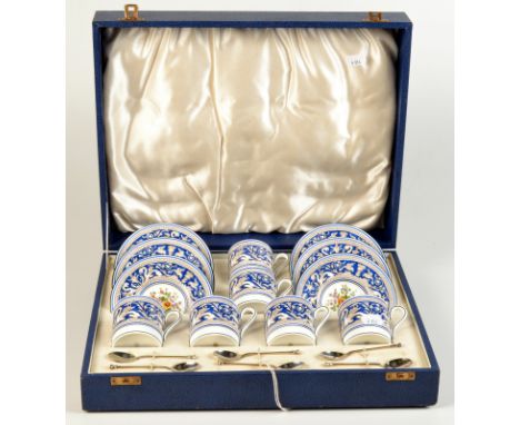 A cased set of six Wedgwood coffee cans and saucers with classical and floral decoration, pattern W1079, with a set of six si