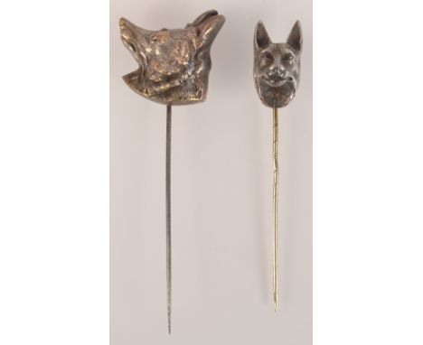 A Victorian silver pin with alsatian head finial and one other alsatian pin.