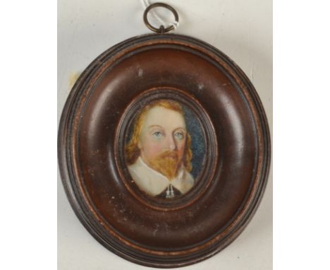 A portrait miniature of bearded cavalier, 3.5 x 2.8cm.   Condition Report: Painted on ivory. Frame size 7.5 x 8.5cm.