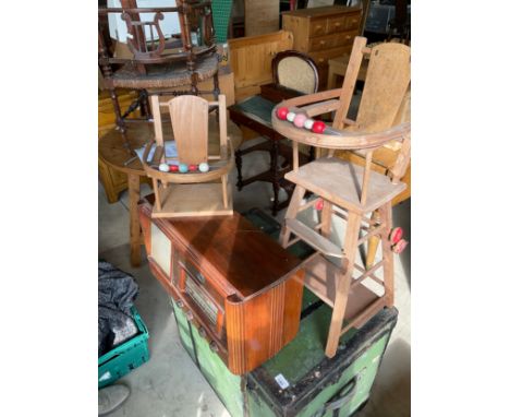 1930s General Electric walnut cased radio; canvas metal bound cabin trunk with metal tray two dolls high chairs etc.