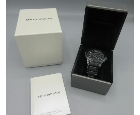 Emporio Armani Ceramica PVD stainless steel quartz chronograph wristwatch with date, signed black dial, three subsidiary dial