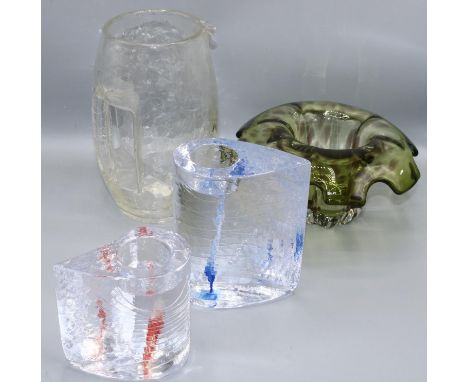 Two Kosta Boda Sweet Heart glass candle holders, max. H15cm; clear crackle glass jug in the style of Koloman Moser for Loetz,