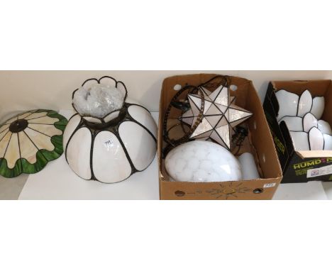 Group of light fittings, incl. two large marbled resin pendant shades, similar star pendant and three matching uplighters, gl