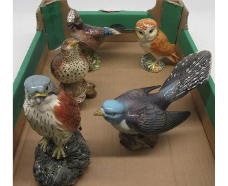 Collection of Beswick birds: Beneagles Kestrel whisky bottle, Cuckoo model no. 2315, Barn Owl, Jay model no. 2417, and Thrush