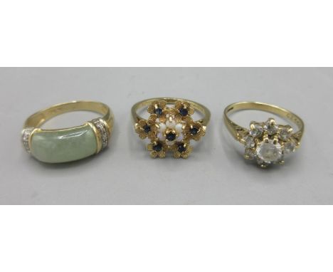 9ct yellow gold ring set with jade and diamonds, size O1/2, a  9ct gold floral cluster ring set with opals and sapphires, siz