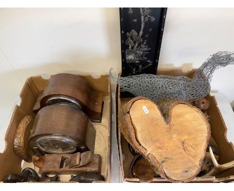 Two oak cased mantel clocks, Vintage smoothing plane, wood model of a cat, three resin models of animals, wirework model of a