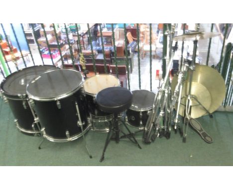 Collection of Sonor Force 507 drums, drum kit stands, cymbals, etc.