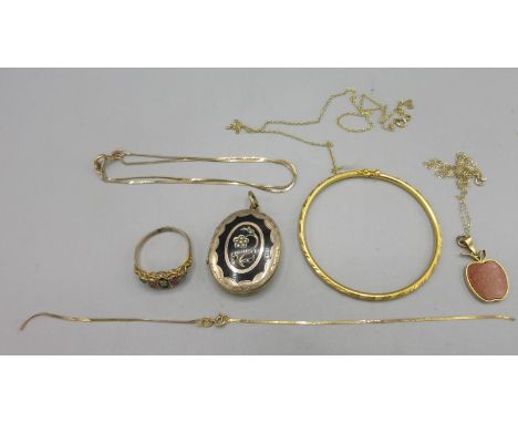 Victorian 9ct gold ring set with coloured stones, some missing, tested to 9ct, size S, 3.28g, a yellow metal locket with enam