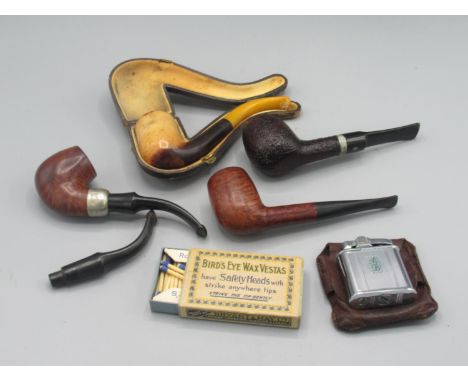 Dominic Littlewood Collection - Parker 9mm 82S hardwood pipe with white metal mount, stamped 925; Meerschaum pipe with amber 