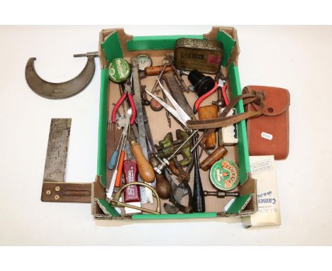 Early 20th Century rosewood brass bound carpenter's square, W20cm; outside callipers; odd-leg callipers; Starrett micrometre 