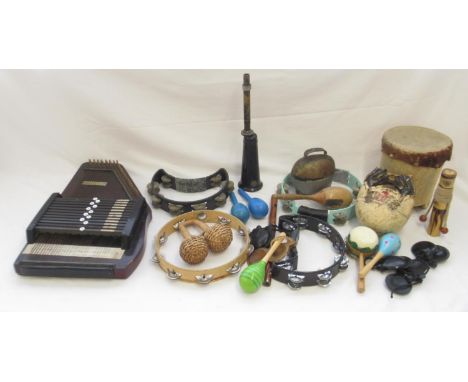Mixed collection of instruments to inc. Auto Harp, drum, tambourines, etc.