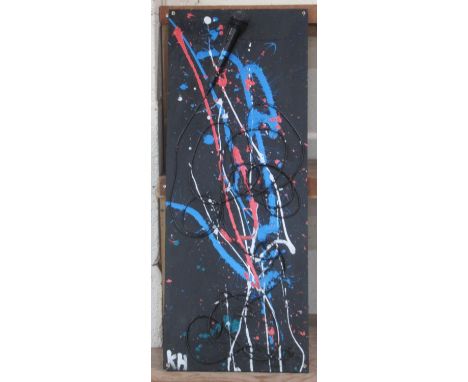 Painted broken microphone montage on board, signed 'KH', 37cm x 94.5cm