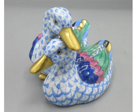 Herend porcelain model of two ducks in the blue fishnet pattern, H7.5cm, printed marks