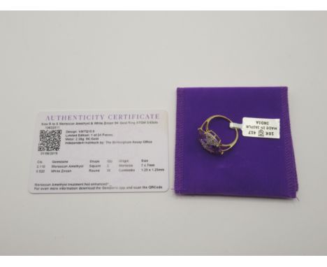 Gemporia - Moroccan amethyst and white Zircon 9k gold ring, size R to S, metal weight 2.38g, with certificate and protective 