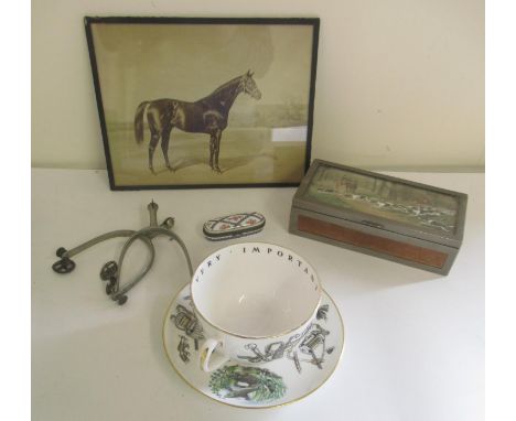 EPNS mounted cedar cigarette box, hinged top with a overpainted Hunting print after George Wright, pair of Nickel spurs, phot