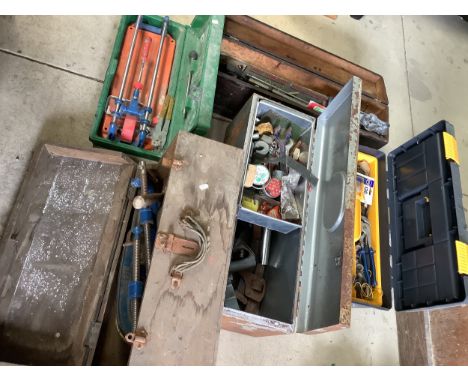 Large collection of various tools in 5 boxes (2 wooden, 1 metal, and 2 plastic) including G clamps, wrenches, electrical comp