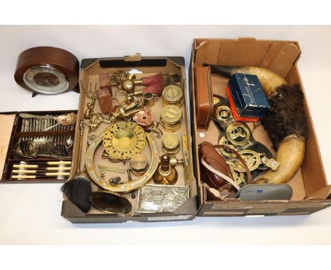 Collection of brassware, Smiths mantle clock, cow horns, etc. (2 boxes)