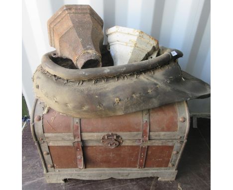 Victorian style trunk, leather horse collar and two cast iron hoppers, (4)