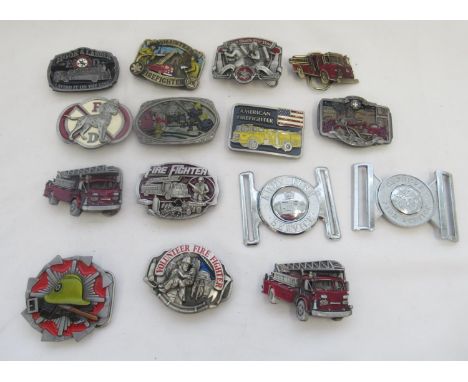 Collection of commemorative firefighter related belt buckles, including 1987 Budweiser buckle, Dragon Designs, British Army F
