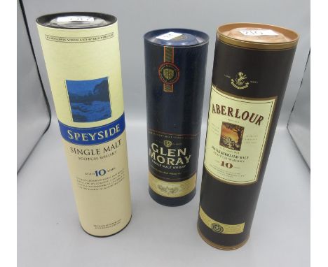 Three 70cl bottles single malt Scotch whisky: Aberlour aged 10 years, Speyside aged 10 years, and Glen Moray, all with cardbo