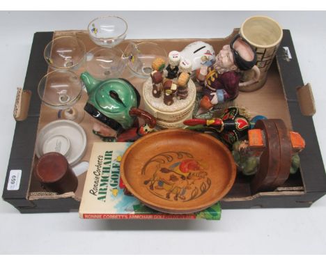 Mixed collectables incl Beswick teapot, wood and ceramic bookends, babycham glasses x6, spode candle holder and snuffer pair,