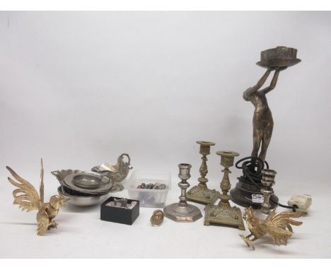 Les Dennis Collection - Art Deco style white metal lamp on marble base of a semi nude lady holding up the lamp, and a collect