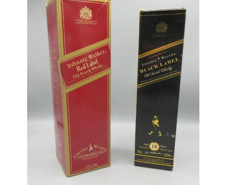 Two bottles Johnnie Walker blended Old Scotch Whisky: Red Label, 43%/1.125 ltr; and Black Label Extra Special aged 12 years, 