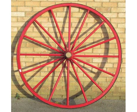 Large Merryweather of London double spoked steel Fire Engine whee, red painted with with polished brass octagonal hub cap, D1