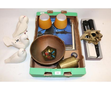 Les Dennis Collection - Brass clockwork spit jack, three ceramic pigeons, two stickered Casa Pupo, small collection of record